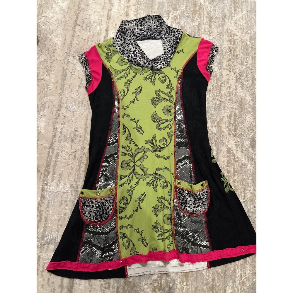Seven Waves Mixed Media Patchwork Tunic Dress Cowl Neck Leopard Floral Size 4
